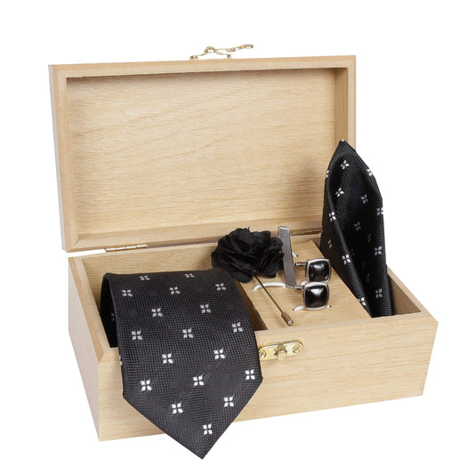 AXLON Men's Micro Polyester Casual Formal Printed Necktie Set with Pocket Square, Brooch Pin and Cufflinks in Wooden Box (Free Size)