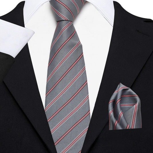 AXLONMen's Micro Polyester Striped Necktie Set with Pocket Square and Brooch Pin (Grey , Free Size)