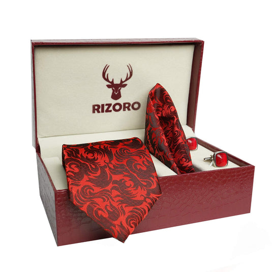 RIZORO Mens Plaid Pasiley Silk Necktie Tie Gift Set With Pocket Square, Cufflinks & Brooch Pin Formal Tie With Leatherite Box (AMBI5RB, Free Size)