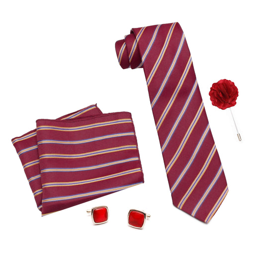 RIZORO Mens Plaid Stripped Silk Necktie Tie Gift Set With Pocket Square, Cufflinks & Brooch Pin Formal Tie With Leatherite Box (Deep Red, S5DRRB, Free Size)