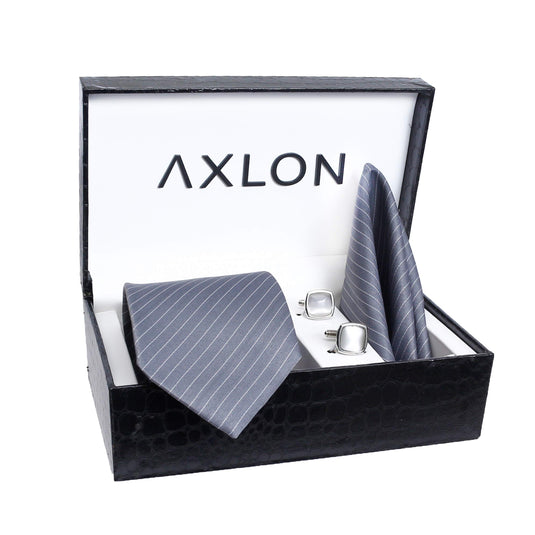 Axlon Men Formal/Casual Weaved Polyester Neck Tie Pocket Square Accessory Gift Set with Cufflinks and Brooch Pin - Grey (Free Size, ltr_803)