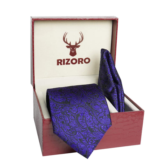 RIZORO Men Paisley Micro Fibre Necktie Gift Set With Pocket Square & Brooch Pin Formal Tie (Turquoise PARTRRS Free Size)