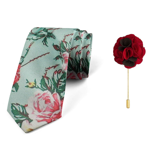 AXLONMen's Micro Polyester Floral Necktie Set with Pocket Square and Brooch Pin (Green ,Free Size)