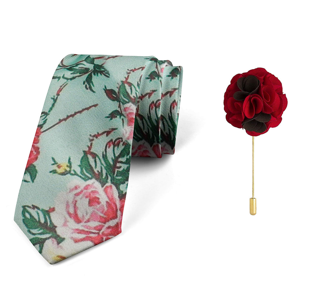 Axlon Men's Micro Polyester Floral Necktie Set with Pocket Square and Brooch Pin (Green ,Free Size)