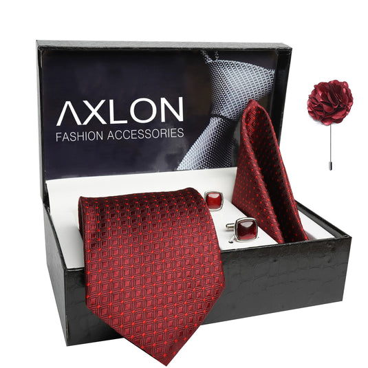 AXLON Mens Plaid Dotted Silk Necktie Gift Set With Pocket Square Cufflinks & Brooch Pin Tie For Men Formal With Leatherite Box (A13RX Free Size) | (Leather Gift Box) (Pack of 4)