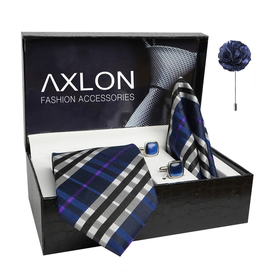 AXLON Mens Plaid Checkered Silk Necktie Gift Set With Pocket Square Cufflinks & Brooch Pin Tie For Men Formal With Leatherite Box (BURRX Free Size) | (Leather Gift Box) (Pack of 4)