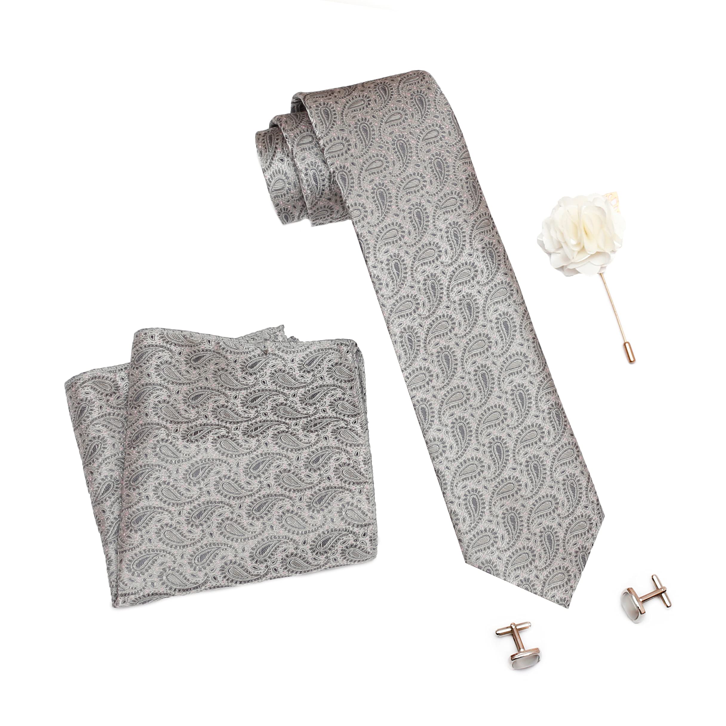AXLON Mens Plaid Pasiley Silk Necktie Gift Set With Pocket Square Cufflinks & Brooch Pin Tie For Men Formal With Leatherite Box (AMBM1RX Free Size) | (Leather Gift Box) (Pack of 4)