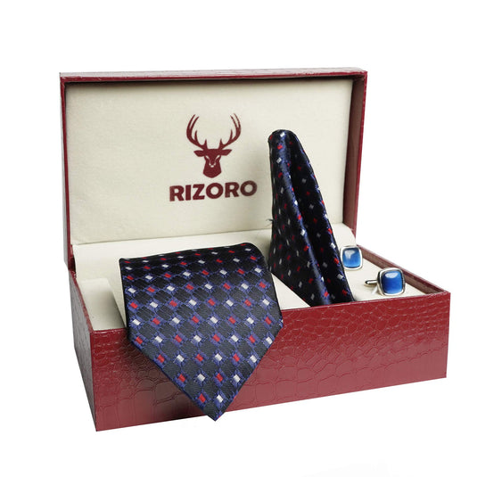 RIZORO Mens Plaid Dotted Silk Necktie Tie Gift Set With Pocket Square, Cufflinks & Brooch Pin Formal Tie With Leatherite Box (M2BGRB, Free Size)