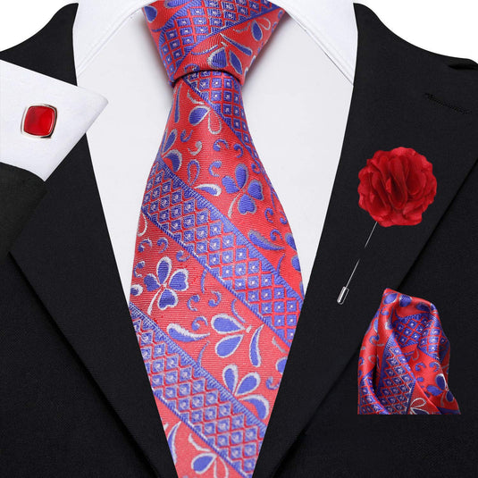 AXLON Men's Flower Designed Micro Polyester Necktie Set with Pocket Square, Brooch Pin and Cufflinks (Free Size)