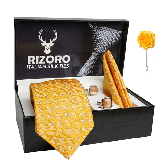 RIZORO Mens Plaid Pasiley Silk Necktie Gift Set With Pocket Square Cufflinks & Brooch Pin Formal Tie With Leatherite Box (AMBICRX Free Size) | (Leather Gift Box) (Pack of 4)