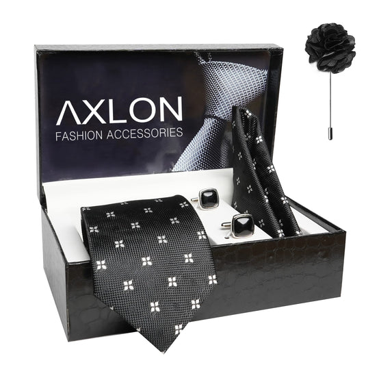 AXLON Mens Plaid Dotted Silk Necktie Gift Set With Pocket Square Cufflinks & Brooch Pin Tie For Men Formal With Leatherite Box (4D2RX Free Size) | (Leather Gift Box) (Pack of 4)