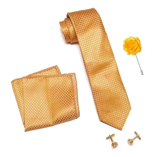 Axlon Men's Micro Polyester Square Dotted Necktie Set with Pocket Square, Brooch Pin and Cufflinks (Yellow, Free Size)