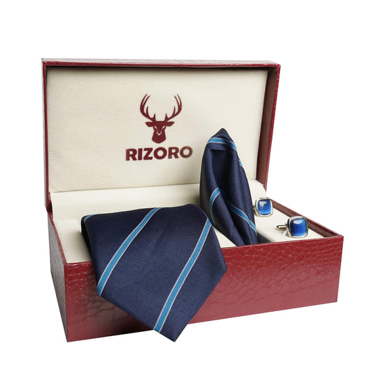 RIZORO Mens Plaid Stripped Silk Necktie Tie Gift Set With Pocket Square, Cufflinks & Brooch Pin Formal Tie With Leatherite Box (Navy Blue, S5NBRB, Free Size)
