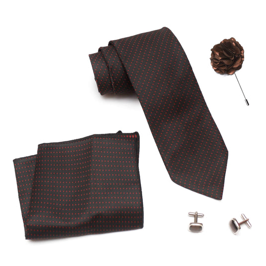 Axlon Men Formal/Casual Weaved Polyester Neck Tie Pocket Square Accessory Gift Set with Cufflinks and Brooch Pin - Black (Free Size, ltr_834)