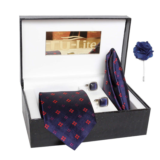 AXLON Men's Micro Polyester Printed Necktie Set with Pocket Square, Brooch Pin and Cufflinks (Free Size)