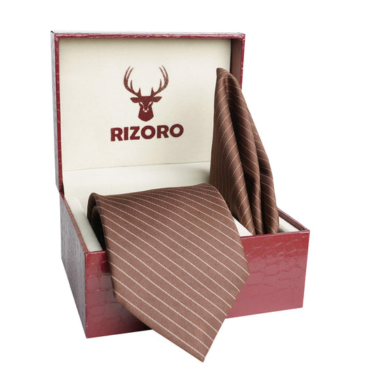 RIZORO Mens Plaid Stripped Silk Necktie Tie Gift Set With Pocket Square & Brooch Pin Formal Tie Set (S1RS, Free Size)