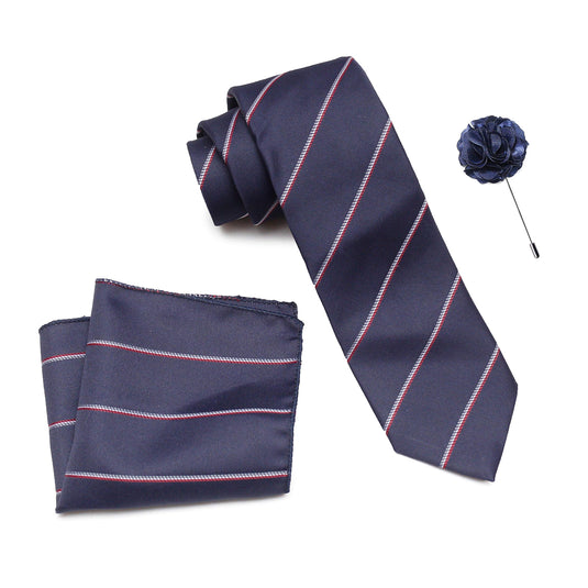 RIZORO Mens Plaid Stripped Silk Necktie Tie Gift Set With Pocket Square & Brooch Pin Formal Tie Set (S4RS, Free Size)