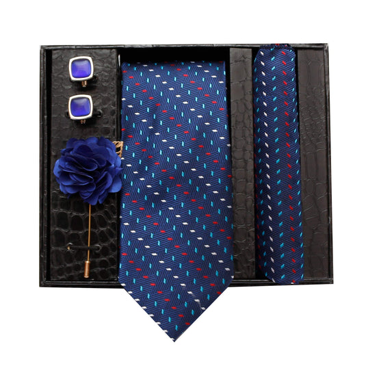 AXLON Formal/Casual Printed Polyester Necktie Set with Pocket Square, Brooch Pin and Cufflinks for Men (Free Size, Royal Blue)