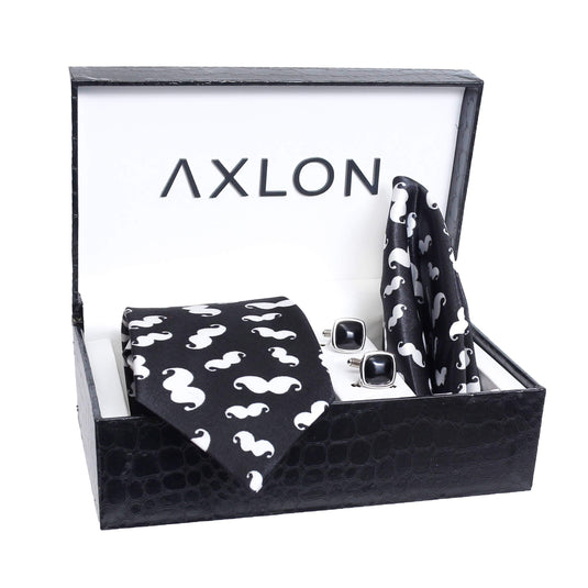 Axlon Men's Printed Satin Neck Tie Pocket Square with Cufflinks and Brooch Pin - (Black, Free Size, ltr_831)