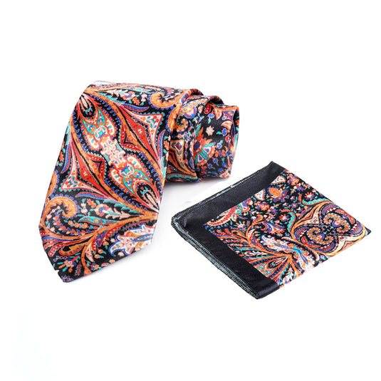 Axlon Mens Printed Silk Necktie Set With Panel Print Pocket Square Ties For Men Formal FDAX_PN1