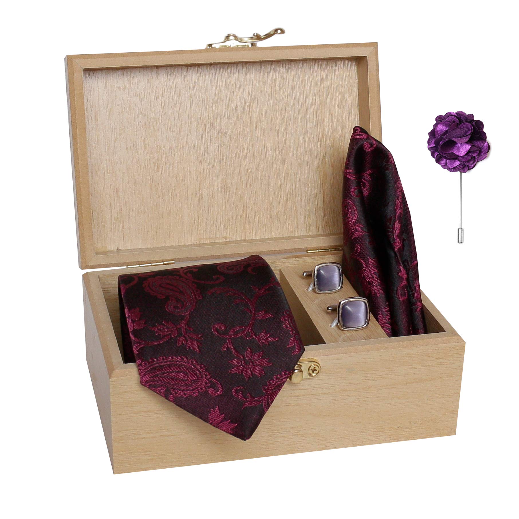 AXLONMen's Micro Polyester Printed Necktie Set with Pocket Square, Brooch Pin and Cufflinks in Wooden Box (Free Size)