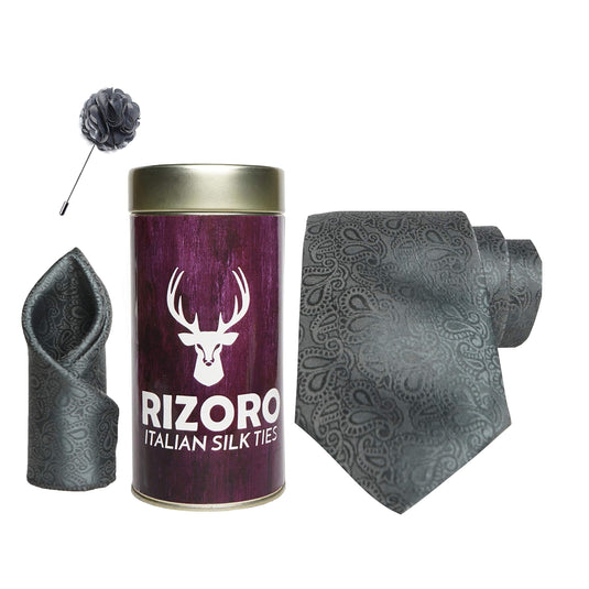 RIZORO Mens Plaid Pasiley Silk Necktie Gift Set With Pocket Square & Brooch Pin Formal Tie Combo (JCRT, Free Size)
