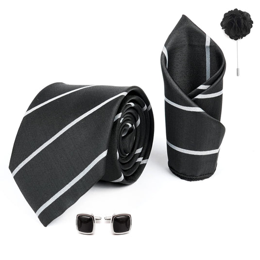 RIZORO Mens Plaid Stripped Silk Necktie Gift Set With Pocket Square Cufflinks & Brooch Pin Formal Tie With Leatherite Box (S2RX Free Size) | (Leather Gift Box) (Pack of 4)