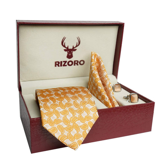 RIZORO Mens Plaid Pasiley Silk Necktie Tie Gift Set With Pocket Square, Cufflinks & Brooch Pin Formal Tie With Leatherite Box (AMBICRB, Free Size)