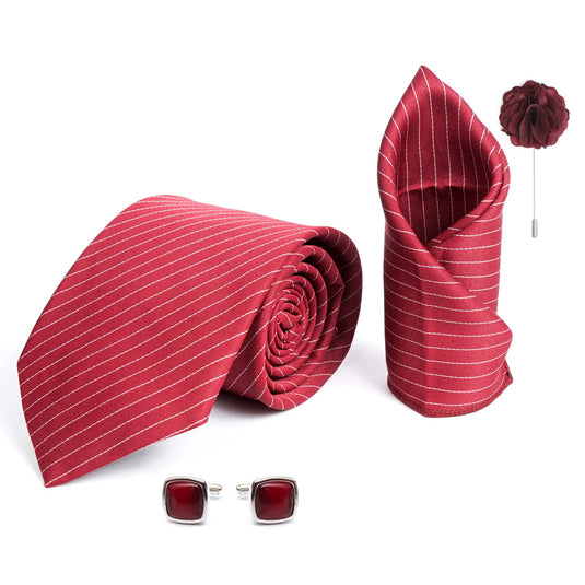 RIZORO Mens Plaid Stripped Silk Necktie Gift Set With Pocket Square Cufflinks & Brooch Pin Formal Tie With Leatherite Box (S1RX Free Size) | (Leather Gift Box) (Pack of 4)