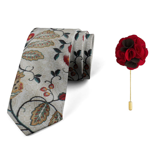 AXLON Men's Micro Polyester Floral Necktie Set with Pocket Square and Brooch Pin (Brown ,Free Size)