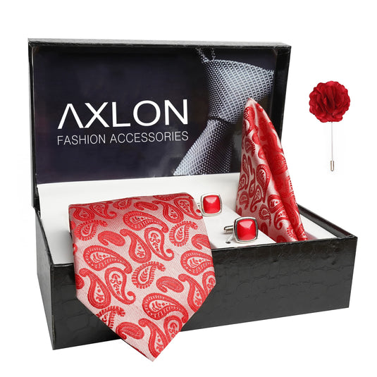 AXLON Mens Plaid Pasiley Silk Necktie Gift Set With Pocket Square Cufflinks & Brooch Pin Tie For Men Formal With Leatherite Box (AMBI1RX Free Size) | (Leather Gift Box) (Pack of 4)