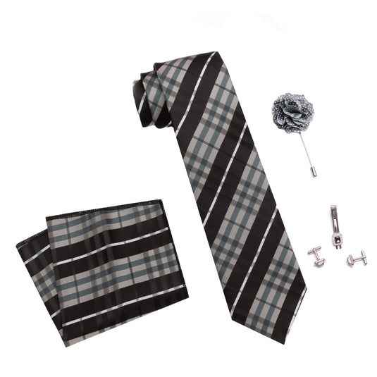 Axlon Men's Micro Polyester Necktie Set with Pocket Square, Brooch Pin and Cufflinks (Grey, Free Size)