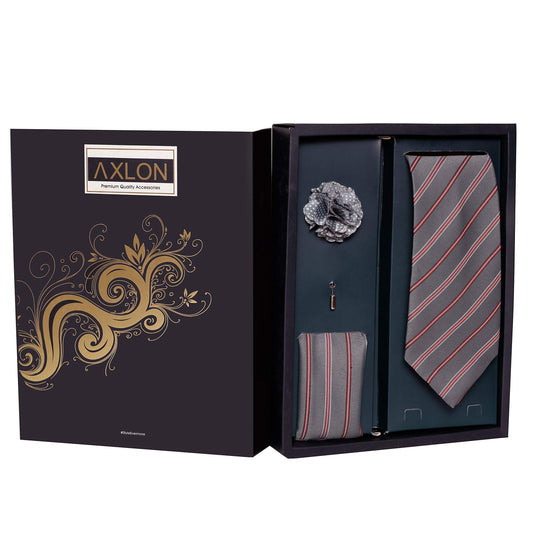 Axlon Men's Polyester Necktie Set with Pocket Square, Brooch Pin and Cufflinks (Free Size, Grey)