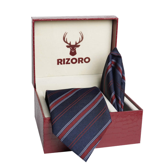 RIZORO Mens Plaid Stripped Silk Necktie Tie Gift Set With Pocket Square & Brooch Pin Formal Tie Set (S6RS, Free Size)