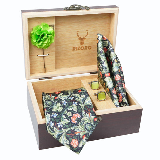 RIZORO Green Mens Paisley Micro Print Silk Necktie Gift Set With Pocket Square Cufflinks & Brooch Pin Formal Tie With Wooden Box Free Size | (Wooden Gift Box ) (Pack of 4) (RPL_28)