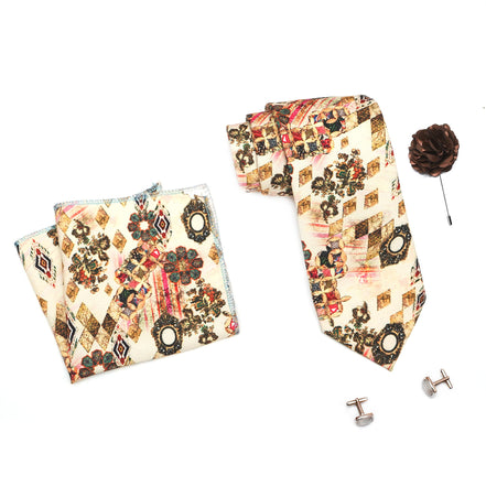 RIZORO Mens Plaid Boho Printed Silk Necktie Gift Set With Pocket Square Cufflinks & Brooch Pin Formal Tie With Leatherite Box (BOHORX Free Size) | (Leather Gift Box) (Pack of 4)
