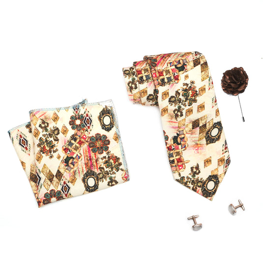 RIZORO Mens Plaid Boho Printed Silk Necktie Gift Set With Pocket Square Cufflinks & Brooch Pin Formal Tie With Leatherite Box (BOHORX Free Size) | (Leather Gift Box) (Pack of 4)