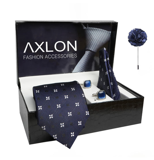 AXLON Mens Plaid Dotted Silk Necktie Gift Set With Pocket Square Cufflinks & Brooch Pin Tie For Men Formal With Leatherite Box (4D2RX Free Size) | (Leather Gift Box) (Pack of 4)