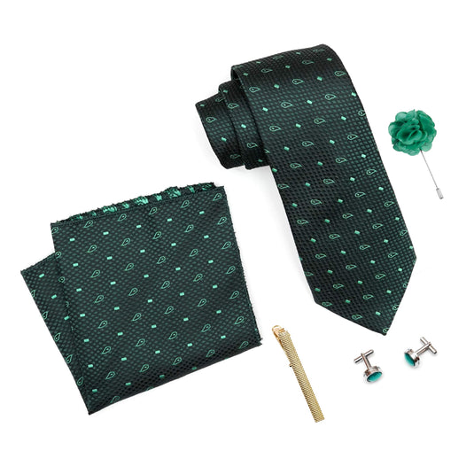 AXLON Mens Plaid Micro Self Silk Paisley Bottle Green Necktie Gift Set With Pocket Square Cufflinks Brooch Pin Men Tie Clip Formal Tie With Wooden Box For Gifting (RW_34, Free Size)