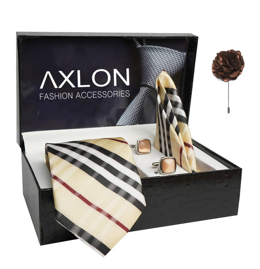 AXLON Mens Plaid Checkered Silk Necktie Gift Set With Pocket Square Cufflinks & Brooch Pin Tie For Men Formal With Leatherite Box (BURRX Free Size) | (Leather Gift Box) (Pack of 4)