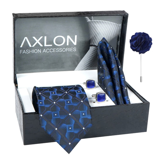 Axlon Men's 3D Micro Wooven Silk Necktie Gift Set With Pocket Square Cufflinks & Brooch Pin Tie for Men Formal Tie Set with Box (Pack of 4) (AX11_9, Navy Blue)