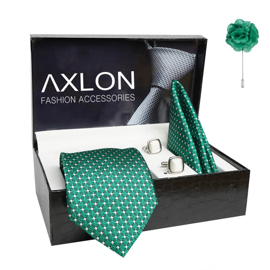 AXLON Mens Plaid Dotted Silk Necktie Gift Set With Pocket Square Cufflinks & Brooch Pin Tie For Men Formal With Leatherite Box (A11RX Free Size) | (Leather Gift Box) (Pack of 4)