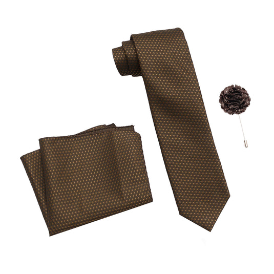 Axlon Men's Polyester Necktie Set with Pocket Square, Brooch Pin (Free Size, Brown)