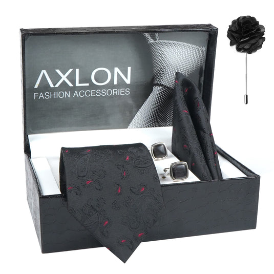 Axlon Men's Paisley Micro Wooven Silk Necktie Gift Set With Pocket Square Cufflinks & Brooch Pin Tie for Men Formal Tie Set with Box (Pack of 4) (AX11_2, Black)