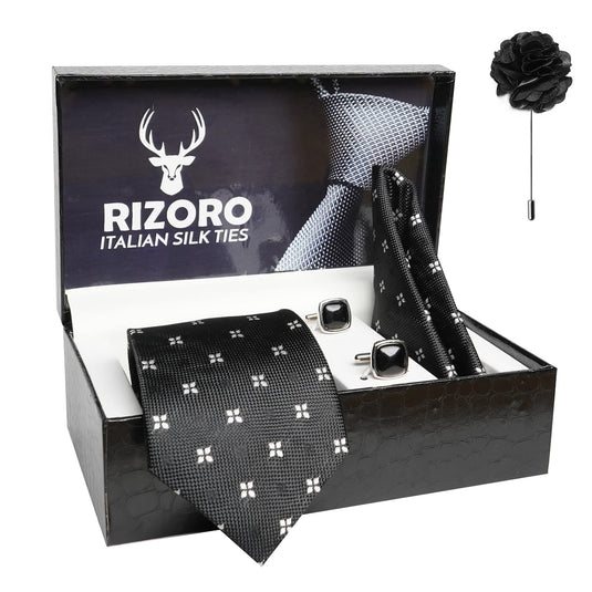 RIZORO Mens Plaid Dotted Silk Necktie Gift Set With Pocket Square Cufflinks & Brooch Pin Formal Tie With Leatherite Box (4D2RX Free Size) | (Leather Gift Box) (Pack of 4)