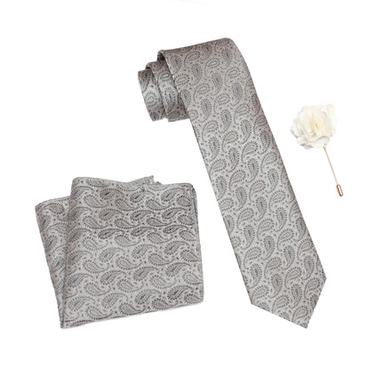 RIZORO Mens Plaid Pasiley Silk Necktie Tie Gift Set With Pocket Square & Brooch Pin Formal Tie Set (AMBM1RS, Free Size)