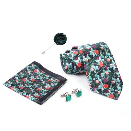 RIZORO Green Mens Paisley Micro Print Silk Necktie Gift Set With Pocket Square Cufflinks & Brooch Pin Formal Tie With Wooden Box Free Size | (Wooden Gift Box ) (Pack of 4) (RPL_28)