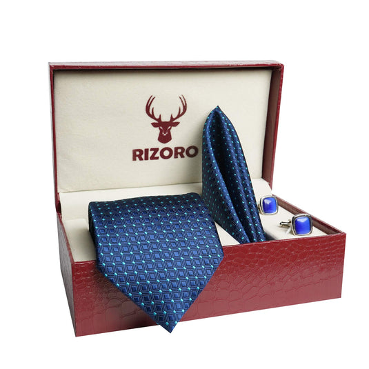 RIZORO Mens Plaid Dotted Silk Necktie Tie Gift Set With Pocket Square, Cufflinks & Brooch Pin Formal Tie With Leatherite Box (A13RB, Free Size)