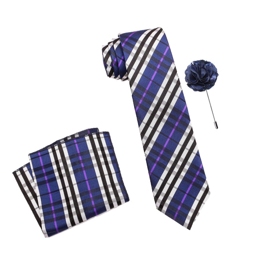 RIZORO Mens Plaid Checkered Silk Necktie Tie Gift Set With Pocket Square & Brooch Pin Formal Tie Set (Blue, BURBLRS, Free Size)