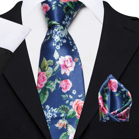 AXLON Men's Micro Polyester Floral Necktie Set with Pocket Square and Brooch Pin (Blue ,Free Size)